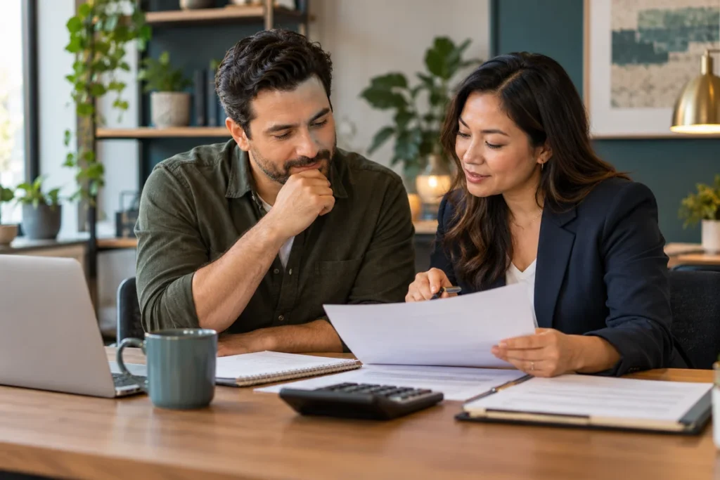 Business owner reviewing a calendar and paperwork with an accountant.