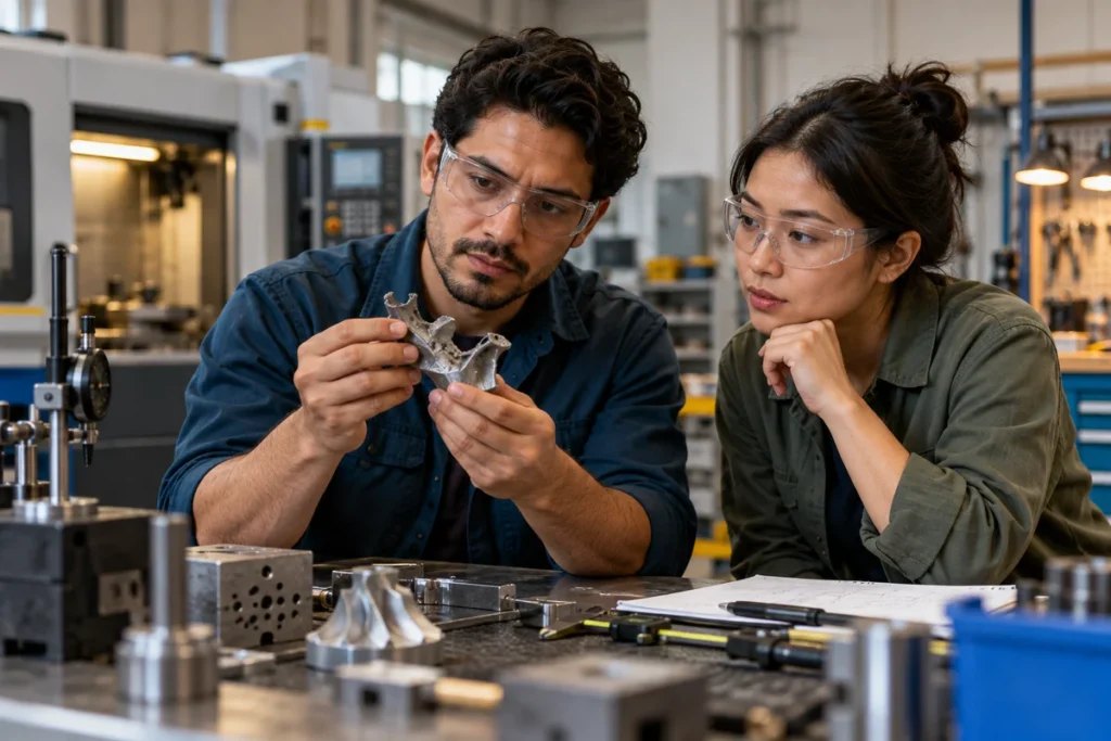 Engineers studying a metal prototype and testing instruments in a workshop.