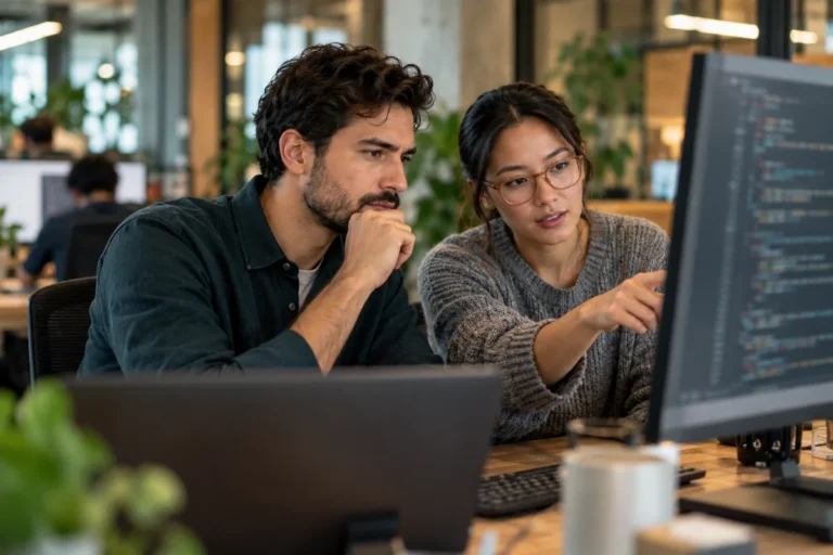 Software founder and developer examining a monitor in a startup office.