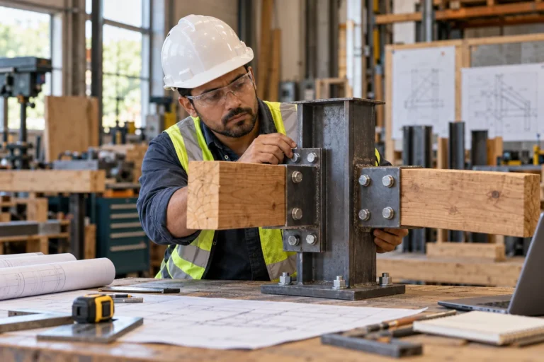 Construction engineer examining a structural connection at a workshop bench.
