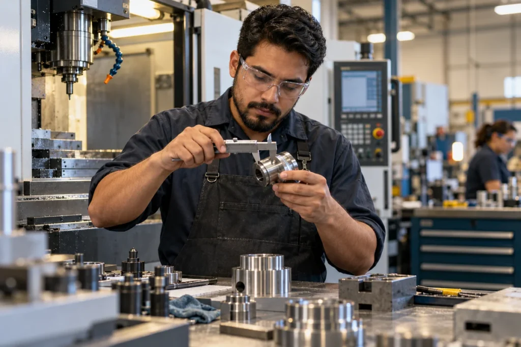 Machinist measuring a component with calipers beside workshop equipment.