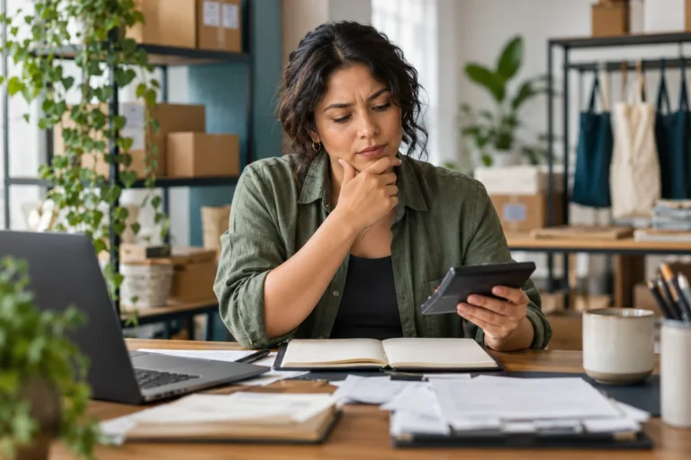 Business owner considering a calculator result at an accounting desk.