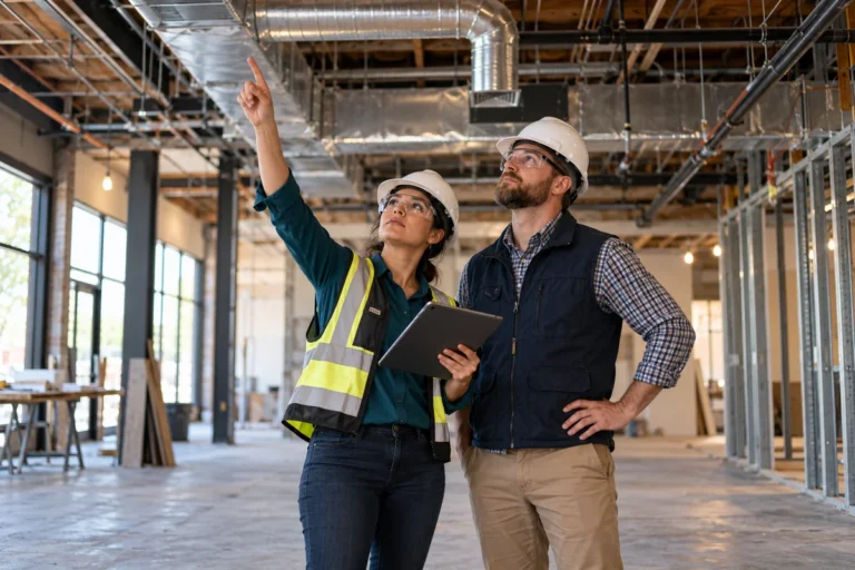 Property owner and building specialist inspecting exposed commercial building systems.