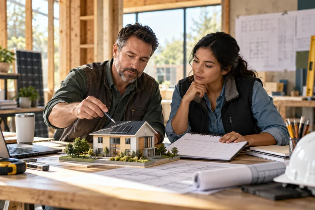 Homebuilder and energy specialist reviewing a model house and calendar.