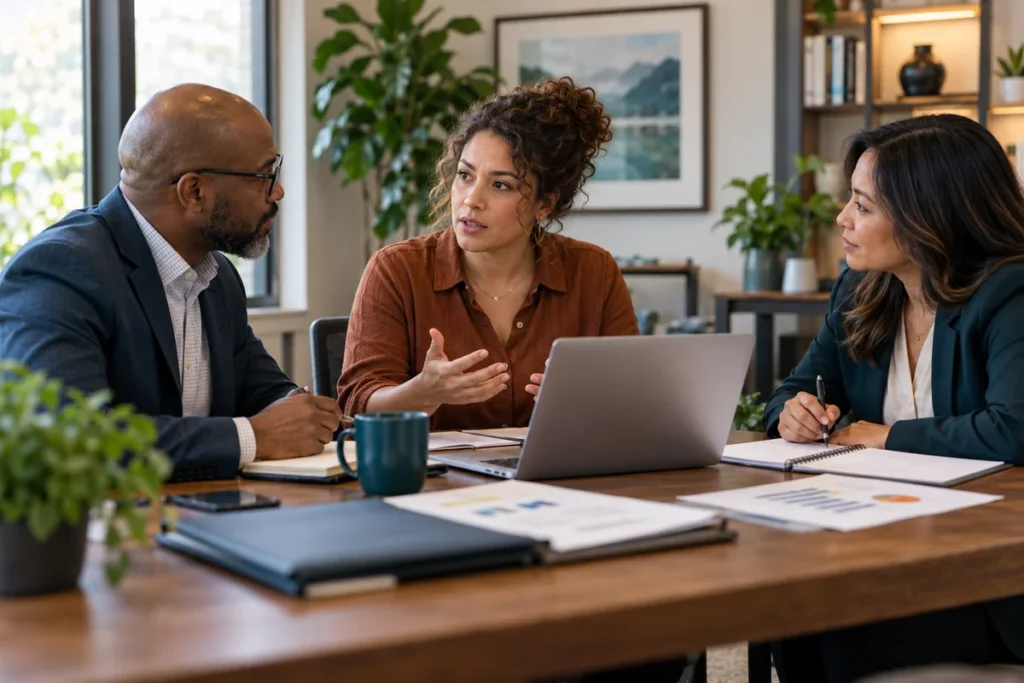 Business owner asking tax professionals a question during an office meeting.